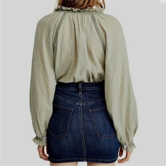 Free People Sivan Embroidered Top Green Puff Sleeve Blouse with Ruffled Small - Picture 6 of 16